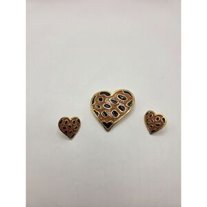 1762. Vintage Newpro Leopard Print Heart Brooch and Earrings
